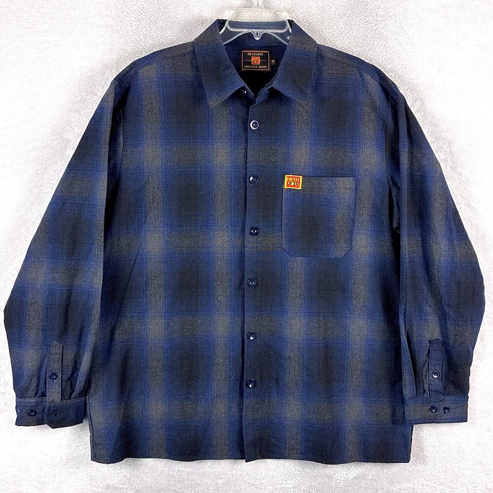 FB County Checker Shirt Men XL Blue Black Shadow Plaid Flannel Hip Hop 90s